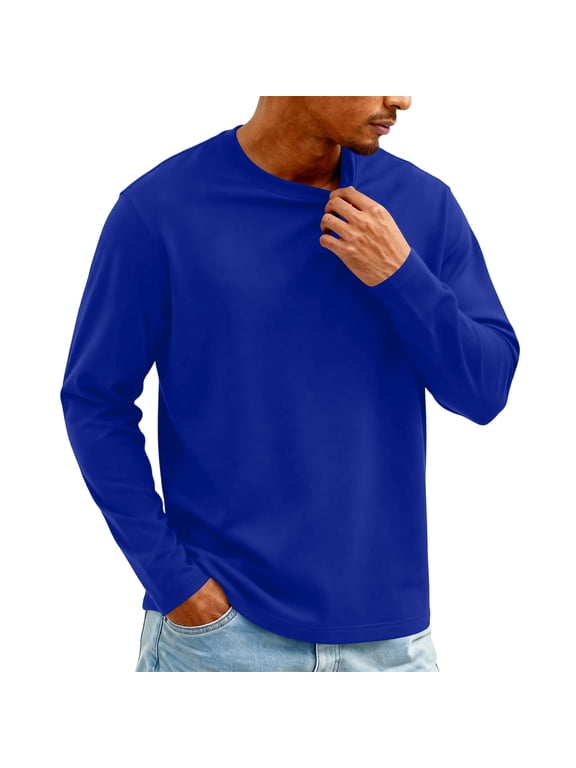 Shirts Men Big and Tall Long Sleeve Crew Neck Cotton Blend Tshirts Spring Fall Fashion Casual Knitted Solid Basic Tees Royal Blue 2XL