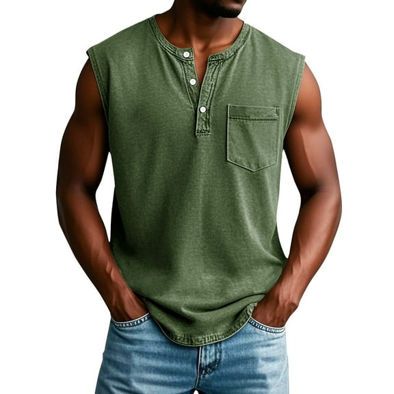 Domuza Shirts for Men Retro V Neck Button Down Tank Tops Distressed Washed Sleeveless Blouse Muscle Gym Workout Running Clothes with Chest Pocket Army Green XXL
