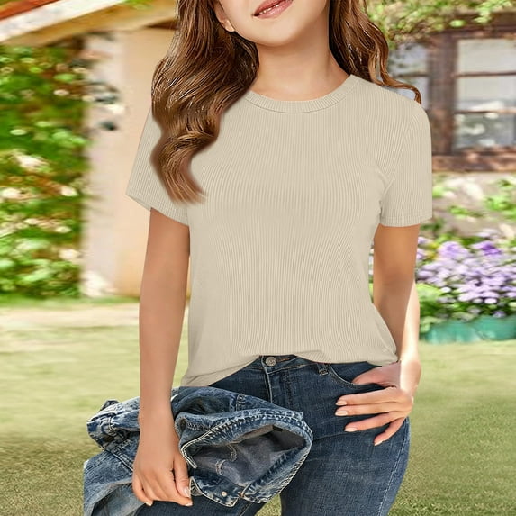 Domuza Shirts for Girls Short Sleeve Ribbed Tops Short Sleeve Summer Slim Fit Tops Casual Back To School Clothes Beige 7-8 Years