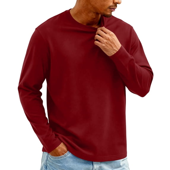 Domuza Shirts for Men Big and Tall Long Sleeve Crew Neck Cotton Blend T-Shirts Spring Fall Trendy Casual Knitted Solid Basic Pullover Wine 2XL