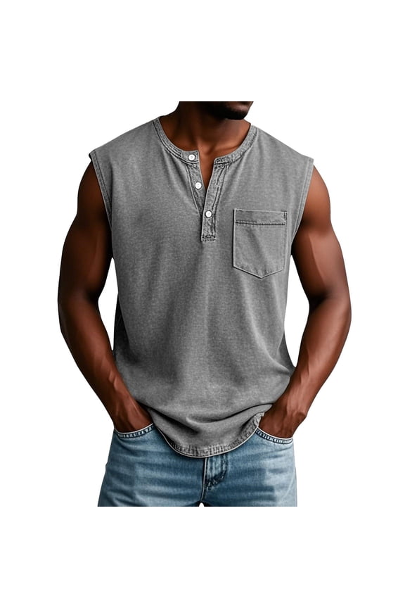 Shirts for Men Retro V Neck Button Down Tops Distressed Washed Sleeveless Tees Muscle Gym Workout Running Clothes with Chest Pocket Gray XXL