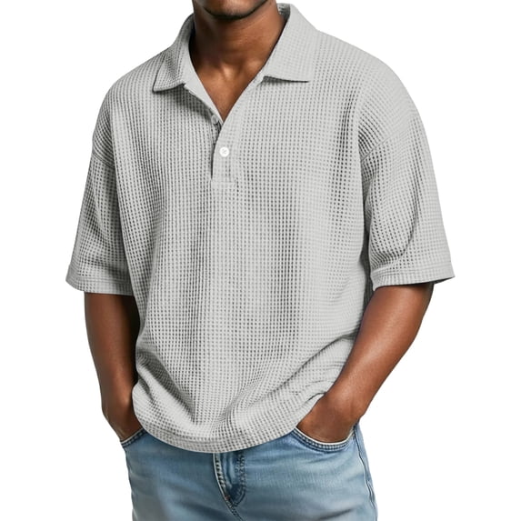 Domuza Shirts for Men Short Sleeve Waffle Knit Textured Shirt Classic Casual Collared Golf Shirt Summer Solid Color Stylish Tops Light Gray S