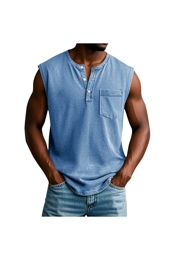 Shirts for Men Vintage V Neck Button Down Tank Tops Distressed Washed Sleeveless Tees Sporty Clothing with Chest Pocket Blue XXL