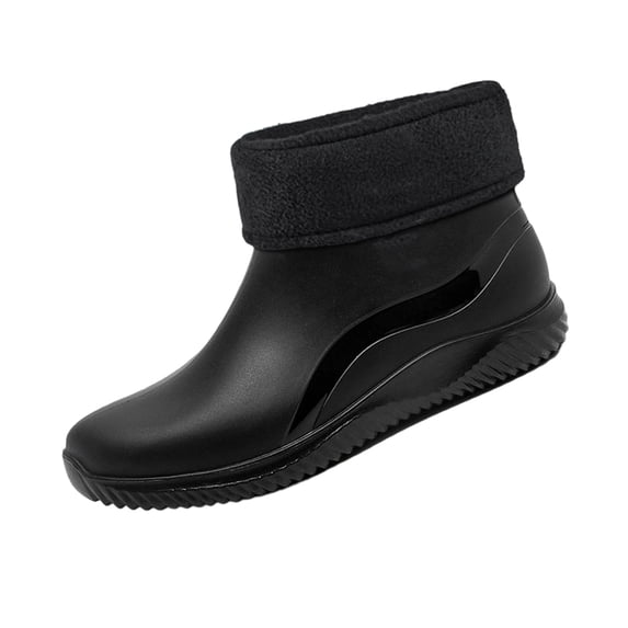 Domuza Short Ankle PVC Rain Boots for Men, Waterproof Soft Plus Cotton Galoshes, Non-Slip Wear Resistant Flat Rubber Shoes, Fashion Casual Footwear Black 7.5 (EU-40)