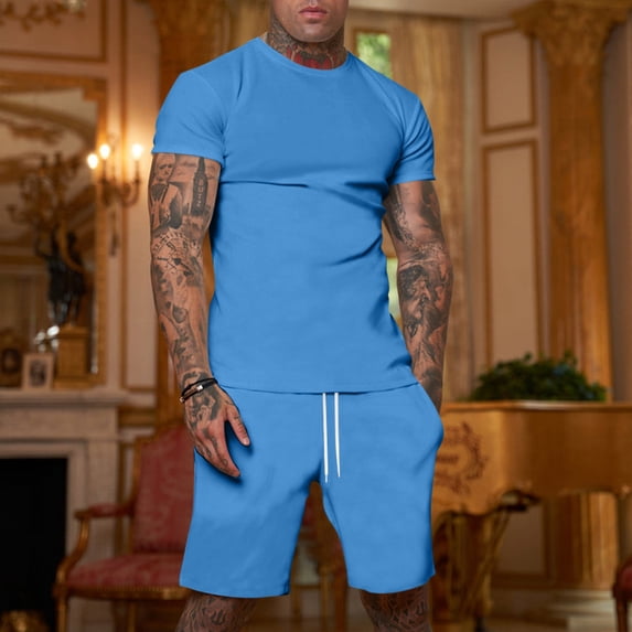 Domuza Short Sets for Men Summer 2 Piece Summer Fashion Casual Tee Drawstring Shorts Sets Casual Summer Matching Set Blue L