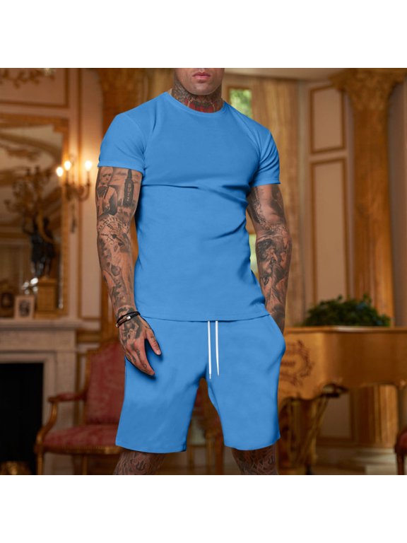 Short Sets for Men Summer 2 Piece Summer Fashion Casual Tee Drawstring Shorts Sets Casual Summer Matching Set Blue L