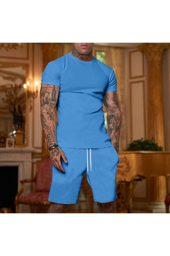 Short Sets for Men Summer 2 Piece Summer Fashion Casual Tee Drawstring Shorts Sets Casual Summer Matching Set Blue M