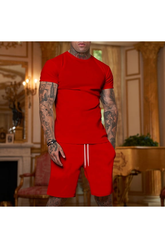 Short Sets for Men Summer 2 Piece Summer Fashion Casual Tee Drawstring Shorts Sets Casual Summer Matching Set Red XL