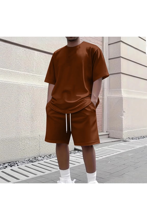 Short Sets for Men Summer Casual 10 Piece Summer Fashion Tee Drawstring Shorts Sets Casual Summer Matching Set Brown XL