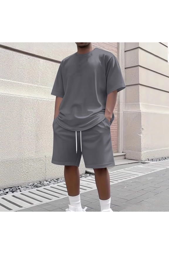 Short Sets for Men Summer Casual 15 Piece Summer Fashion Tee Drawstring Shorts Sets Casual Summer Matching Set Gray 4XL