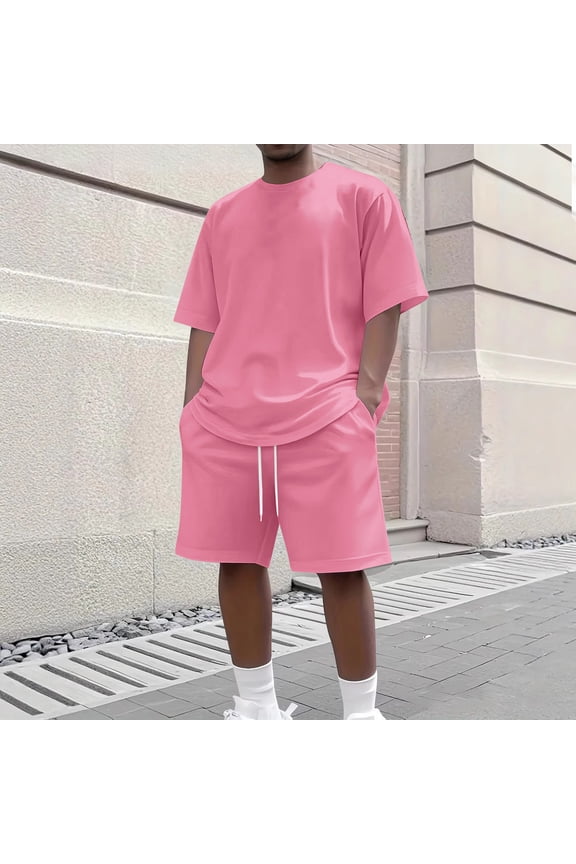Short Sets for Men Summer Casual 24 Piece Summer Fashion Tee Drawstring Shorts Sets Casual Summer Matching Set Pink 4XL