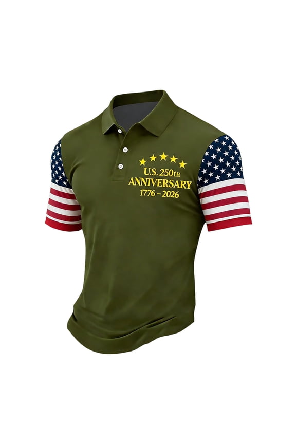 Short Sleeve American Flag Polo Shirts for Men Patriotic USA 250 Years Moisture Wicking Golf Jersey Collared T-Shirts Army Green 4XL