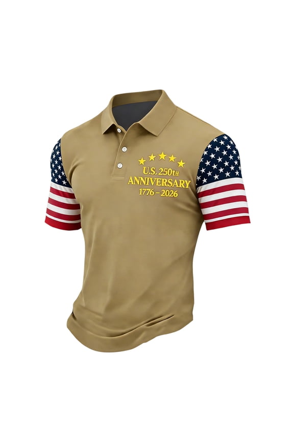 Short Sleeve American Flag Polo Shirts for Men Patriotic USA 250 Years Moisture Wicking Golf Jersey Collared T-Shirts Khaki L