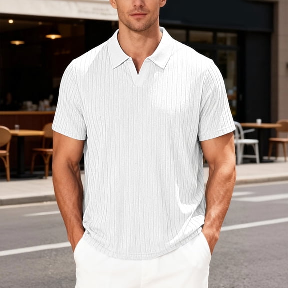 Domuza Short Sleeve Vneck Polo Shirts for Men Stretch Ribbed Knit Work Collared Shirt Moisture Wicking Active Summer Golf Tees White S