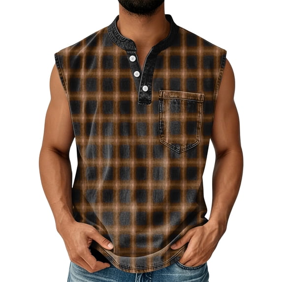 Domuza Sleeveless Shirts Men Henley Neck Sleeveless Button Up Athletic Sport Tank Tops Summer Relaxed Fit Plaid T-Shirt Brown M