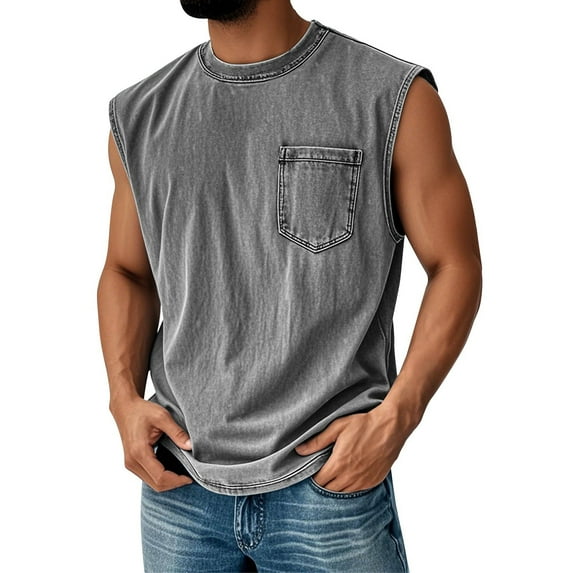 Domuza Sleeveless Shirts for Men Distressed Washed Tank Tops Crew Neck Vintage Solid Workout Tee Top with Chest Pocket Gray M