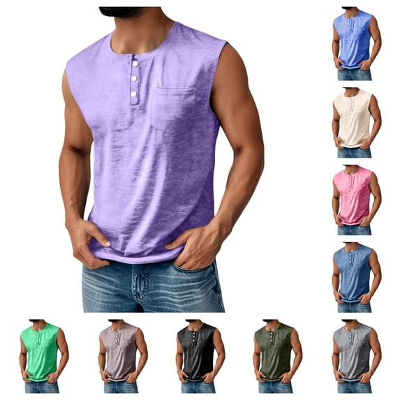 Domuza Sleeveless Shirts for Men Summer Henley V Neck Muscle Tank Tops Button Down Athletic Tees with Pockets Purple 3XL