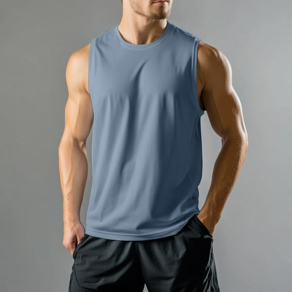 Domuza Sleeveless T Shirts for Men Muscle Gym Workout Moisture Wicking Tank Tops Summer Casual Lightweight Crew Neck Solid Beach Running Tee Blue S
