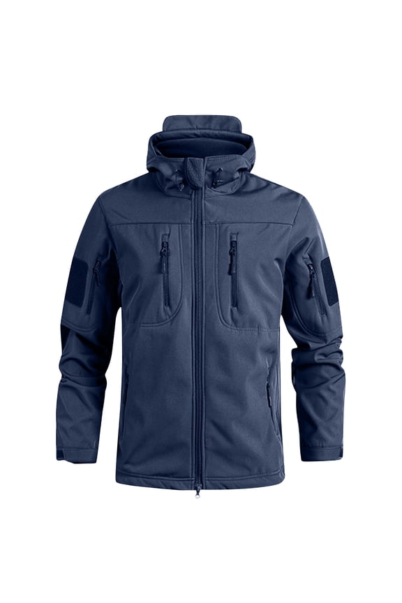 Softshell Jacket Men Fleece Lined Water Resistant Windbreaker Hooded Jacket Winter Warm Relaxed Fit Hiking Travel Outwear with Pocket Blue XL