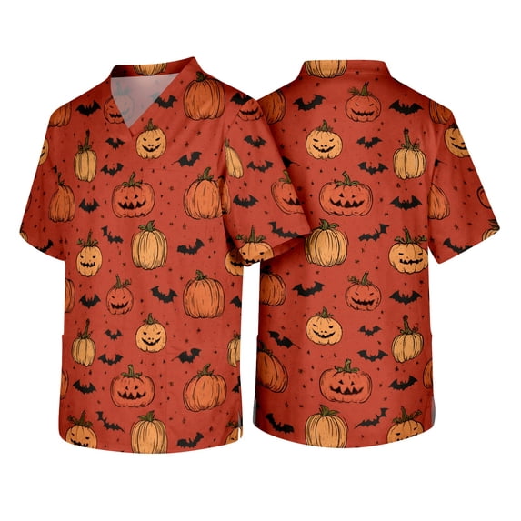 Domuza Spooky Halloween V Neck Scrub Top for Medical Staff, Spider Bat Jack O Lantern Full Print Breathable Workwear Top with Storage Pockets Yellow 4XL