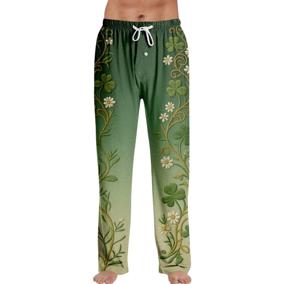 Domuza St Patricks Day Pajama Pants Men Shamrock Clover Drawstring Elastic Waist Pj Pants Loose Fit Soft Lounge Sleep Pants with Pockets Light Green L