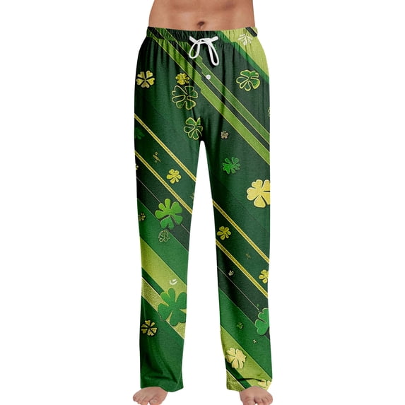 Domuza St Patricks Day Pajama Pants Men Shamrock Graphics Drawstring Stretch Waist Home Trousers Soft Loose Fit Lounge Sleepwear with Pockets Light Green M