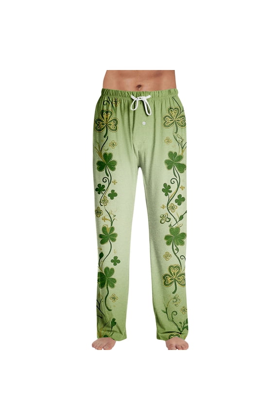 St Patricks Day Pajama Pants Men Shamrock Printed Drawstring Elastic Waist Pjs Trousers Soft Loose Fit Lounge Sleepwear with Pockets Fluorescent Green XL