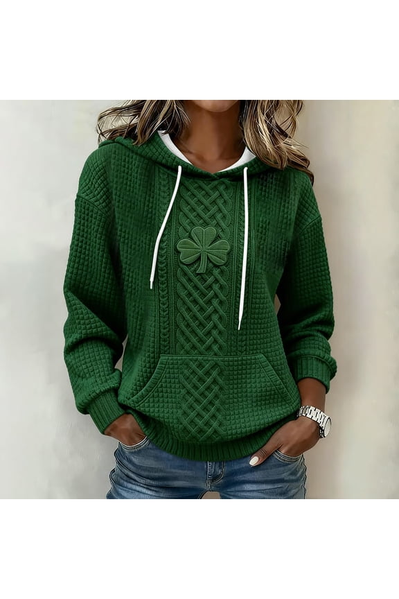 St. Patricks Day Womens Hoodie, 3D Print Shamrock & Celtic Knot Pattern Pullover Sweatshirt with Front Pocket Dark Green L