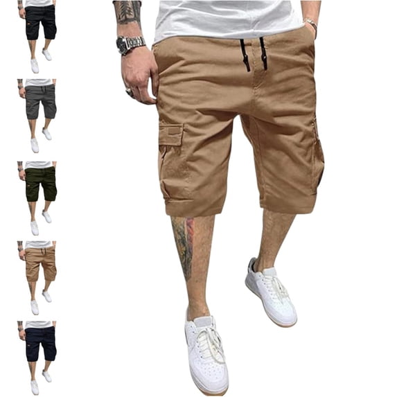 Domuza Stretch Drawstring Cargo Shorts for Men, Cotton Twill Classic Casual Pants, Elastic Waist Style Equipped with 6 Pockets Khaki 3XL