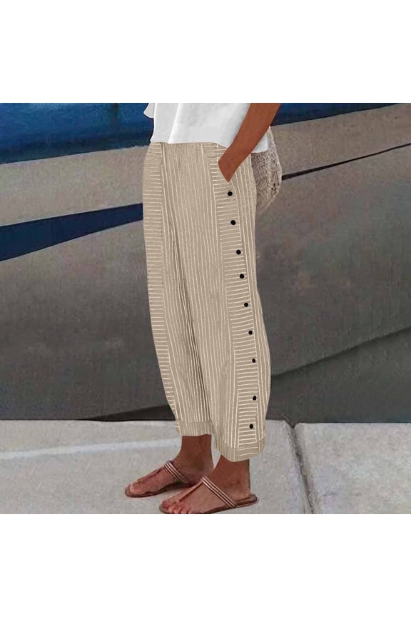 Striped Linen Pants Women Casual Side Button Drawstring Stretch Wasit Straight Leg Pant 2026 Summer Stylish Loose Fit Beach Boho Trousers Khaki L