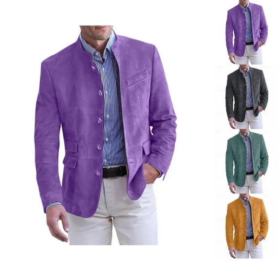 Domuza Mens Suede Blazer Jacket Faux Leather Retro Casual Single Breasted Suit Jackets Fall Winter Fashion Stand Collar Sport Coat with Pockets