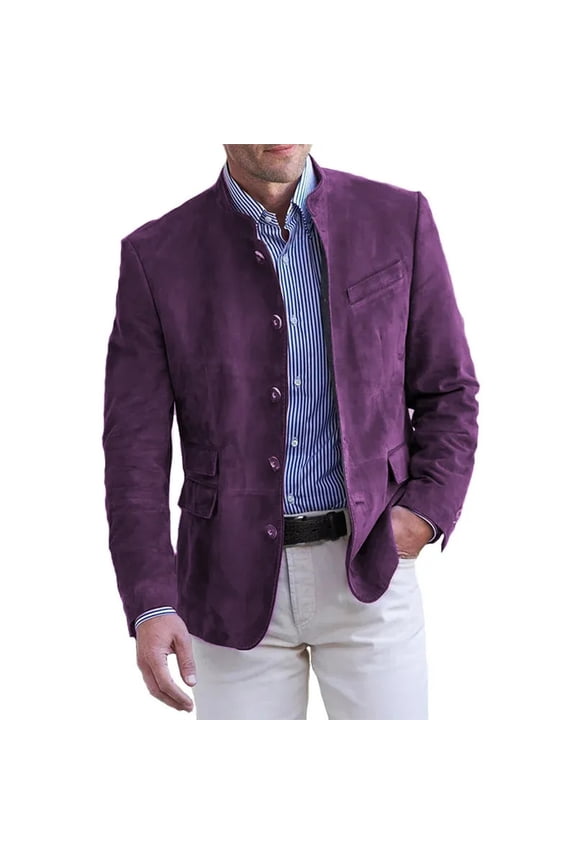 Suede Blazer Jacket Men Faux Leather Vintage Casual Button Up Suit Jackets Fall Winter Stylish Stand Collar Sport Coat with Pockets Purple XL