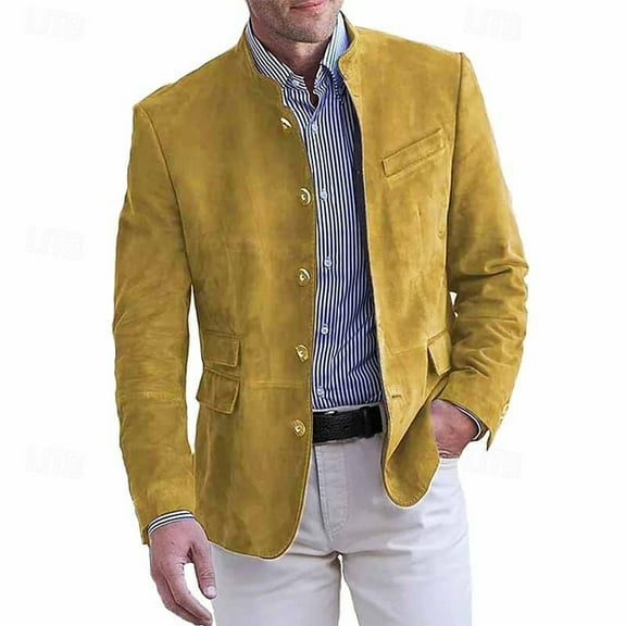 Domuza Suede Blazer Jacket for Men Faux Leather Casual Retro Button Suit Jackets Fall Winter Stylish Stand Collar Sport Coat with Pockets Khaki 3XL
