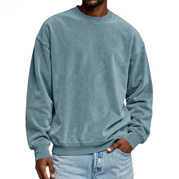 Domuza Suede Crewneck Sweatshirt Men Vintage Acid Washed Long Sleeve Sweat Shirt Fall Winter Warm Oversized Casual Solid Pullover Blue XL
