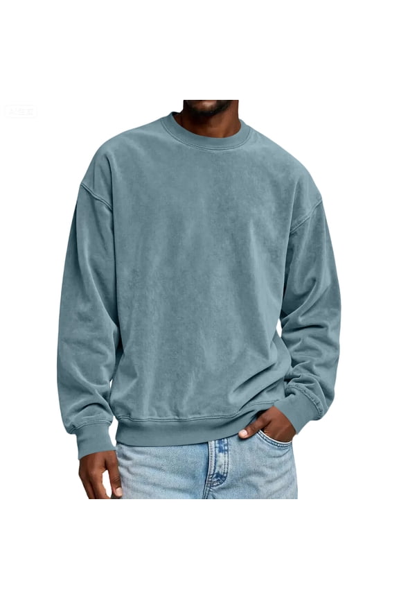 Suede Crewneck Sweatshirt Men Vintage Distressed Washed Long Sleeve Sweat Shirt Fall Winter Warm Loose Fit Casual Solid Pullover Top Blue L