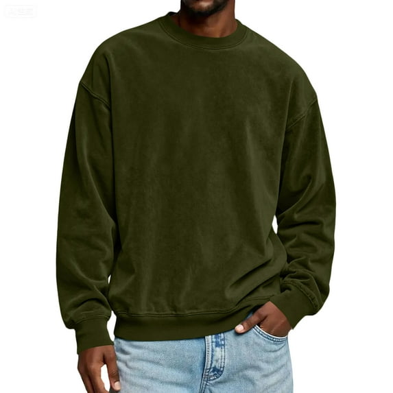 Domuza Suede Crewneck Sweatshirt for Men Vintage Distressed Washed Long Sleeve Sweatshirt Fall Winter Warm Oversized Casual Solid Pullover Army Green L