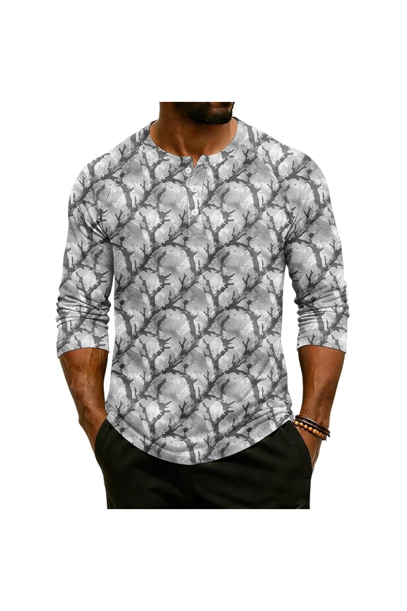 Summer Casual Shirt for Men, Tie-dye camou 3/4 Sleeve Raglan Henley Breathable Gray XL
