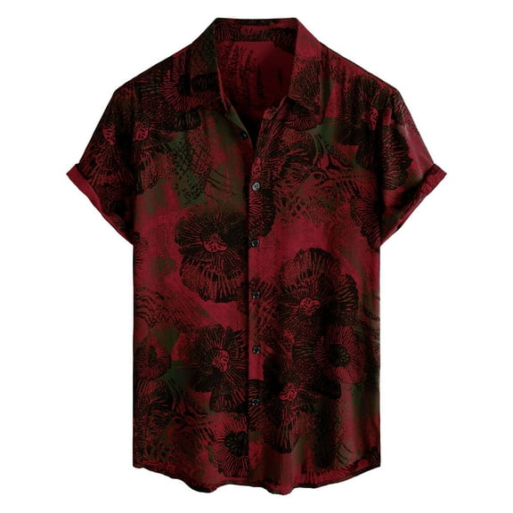 Domuza Summer Shirts for Men Hawaiian Casual Short Sleeve Beach Shirts Tropical Flower Printed Button Up T Shirts Lapel Vacation Top Deep Red M