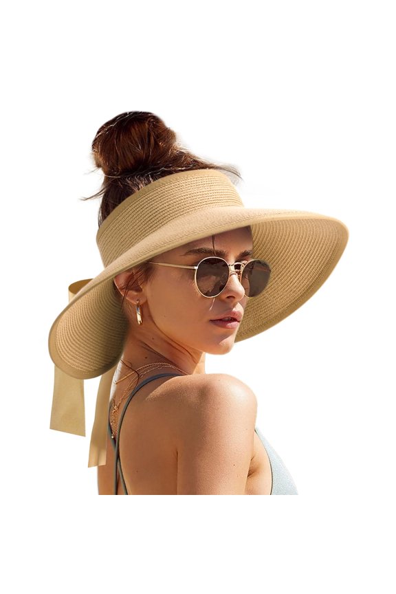 Sun Hats for Women Uv Sun Protection Elegant Straw Hat 2026 New Outdoor Travel Visor Hat with Bow Khaki