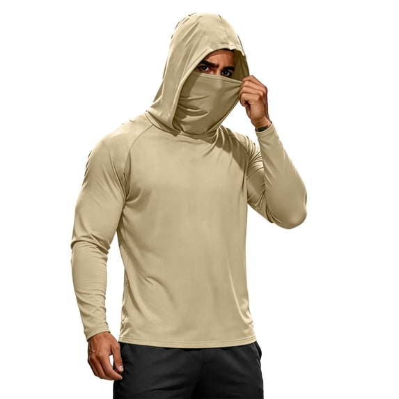 Domuza Sun Protection Fishing Shirts Men Upf 50+ Long Sleeve Hoodie Shirts Summer with Face Mask Uv Rash Guard Hiking Blouses Beige XL