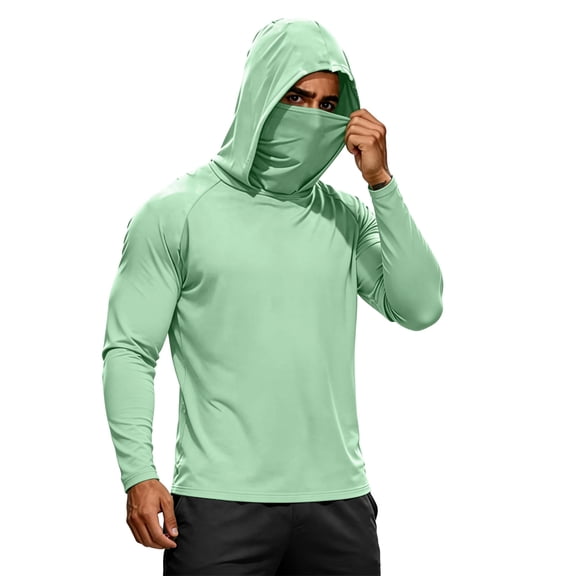 Domuza Sun Protection Fishing Shirts Men Upf 50+ Long Sleeve Hoodie Tee Shirts 2026 Summer with Face Mask Uv Rash Guard Hiking Top Mint Green M