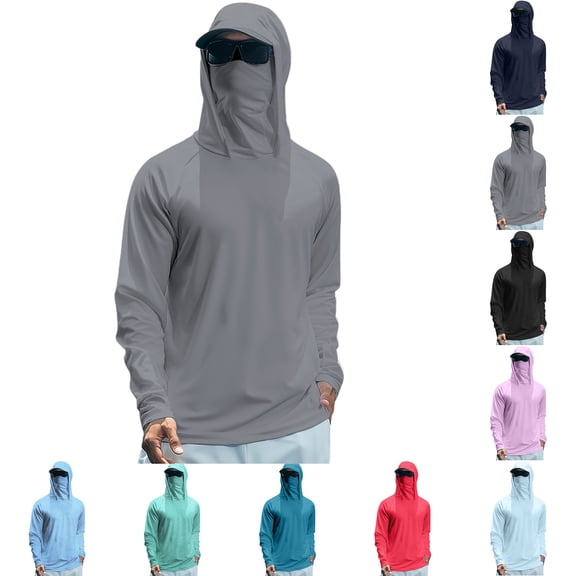 Domuza Sun Protection Fishing Shirts for Men UPF 50+ Long Sleeve Hoodie with Face Mask UV Rash Guard Hiking Shirt Gray L