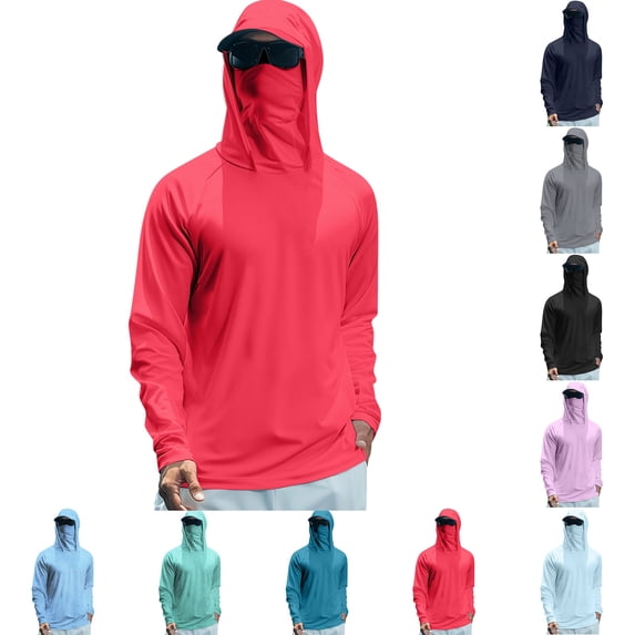 Domuza Sun Protection Fishing Shirts for Men UPF 50+ Long Sleeve Hoodie with Face Mask UV Rash Guard Hiking Shirt Red L