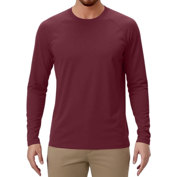 Domuza Sun Shirts for Men Athletic Workout Long Sleeve Rash Guard Shirt Lightweight Raglan Top Moisture Wicking Pullover for Fishing Running Wine XXXL
