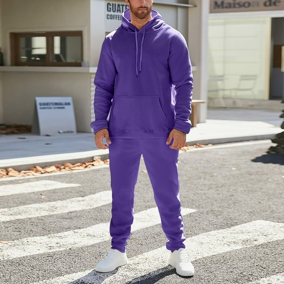 Domuza Sweat Suits for Men 2 Piece Pure Color Fleece Drawstring Hoodies Pullover and Jogger Sweatpants Workout Casual Hooded Set Jogging Suit Purple M