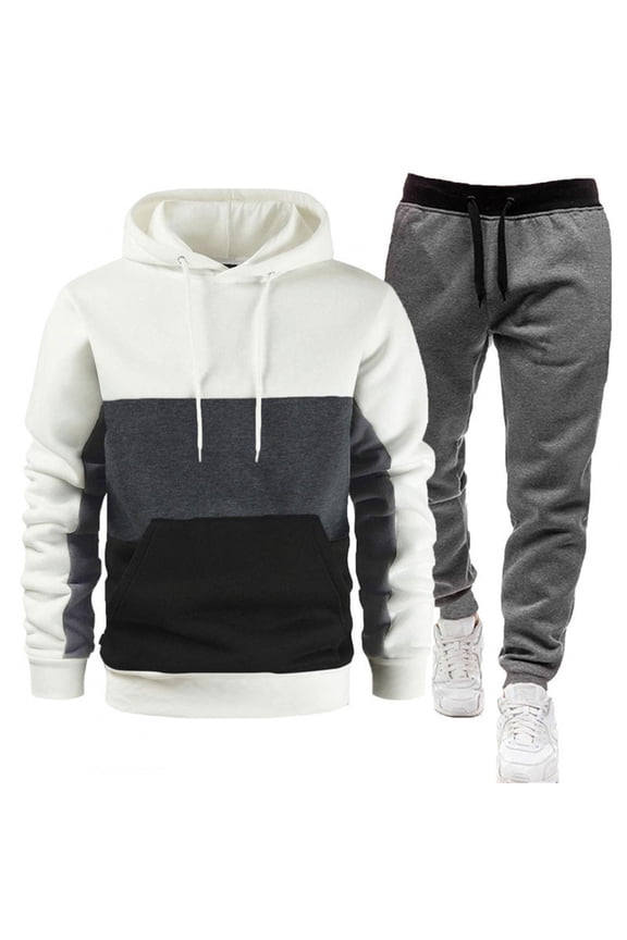 Sweat Suits for Men 2 Piece Sport Casual Contrast Color Fleece Hoodies Pullover and Jogger Sweatpants Fall Winter Hooded Set Jogging Suit White 3XL