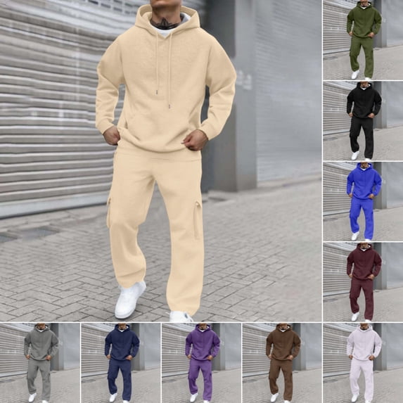 Domuza Sweat Suits for Men 2 Piece Fleece Hoodie Sweatshirt & Joggers Sweatpants Set Athletic Casual Sweatsuit Fall Winter Jogging Suit Beige 2XL