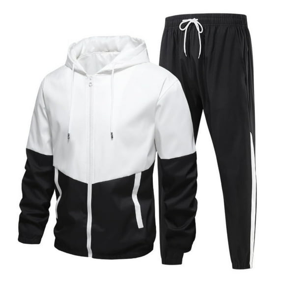Domuza Sweat Suits for Men 2 Piece Zipper Color Block Drawstring Hoodies & Sweatpants Set Lightweight Sports Hooded Set Jogging Suit Black 3XL