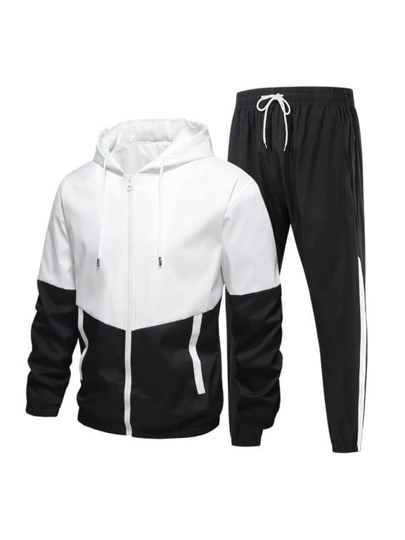 Sweat Suits for Men 2 Piece Zipper Color Block Drawstring Hoodies & Sweatpants Set Lightweight Sports Hooded Set Jogging Suit Black 3XL