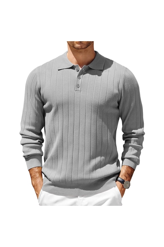 Sweaters for Men Long Sleeve Casual Trendy Lapel Knit Golf Sweaters Fall Winter Stretch Button Up Business Ribbed Dress Pullover Light Gray L